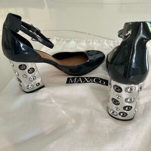 Max & Co. Black Patent Heels with Silver Studded Block